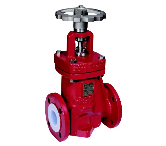 Richter HV bellows sealed valve with flanged PFA lined body for hazardous chemical service